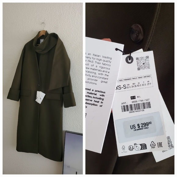 ZARA KHAKI MANTECO WOOL SCARF COAT size XS/S - Picture 17 of 17